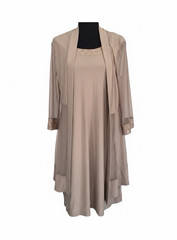 Women’s Beige Solid Shift Dress & Open-Front Jacket Lace Trim L Knee-Length