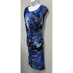 Connected Apparel Midi Dress Women 16 Blue Black Tropical Sheath Stretch Pull On