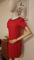 Women Red Solid Shift Short Dress Short Sleeve Round Neck Beaded Accents