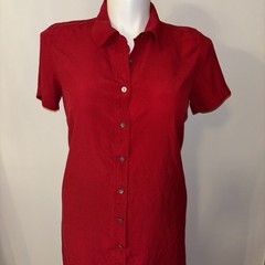 NY & Co 100% Silk Red Button Front Shirt Dress Size 14 Short Sleeve