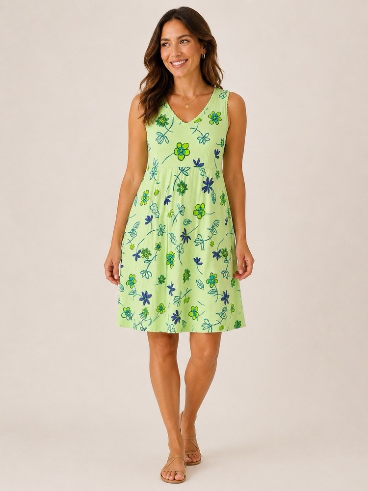 Fresh Produce NWOT Green & Purple Floral V-Neck Sleeveless Cotton Dress Medium