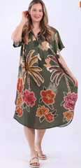 Italian Khaki Linen Digital Print Collared Midi Dress One Size Plus 16-20