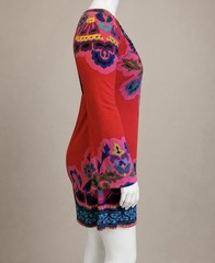 Hale Bob M Red Multicolor Boho Tunic Dress Embellished V Neck Mini