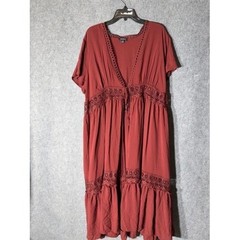 Torrid Rust Red Crochet Lace Trim Tiered Maxi Kimono Dress Size 2X Boho Peasant