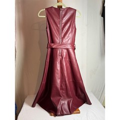Chartou Women Burgundy Faux Leather Sleeveless Midi A-Line Dress Tie Waist Small