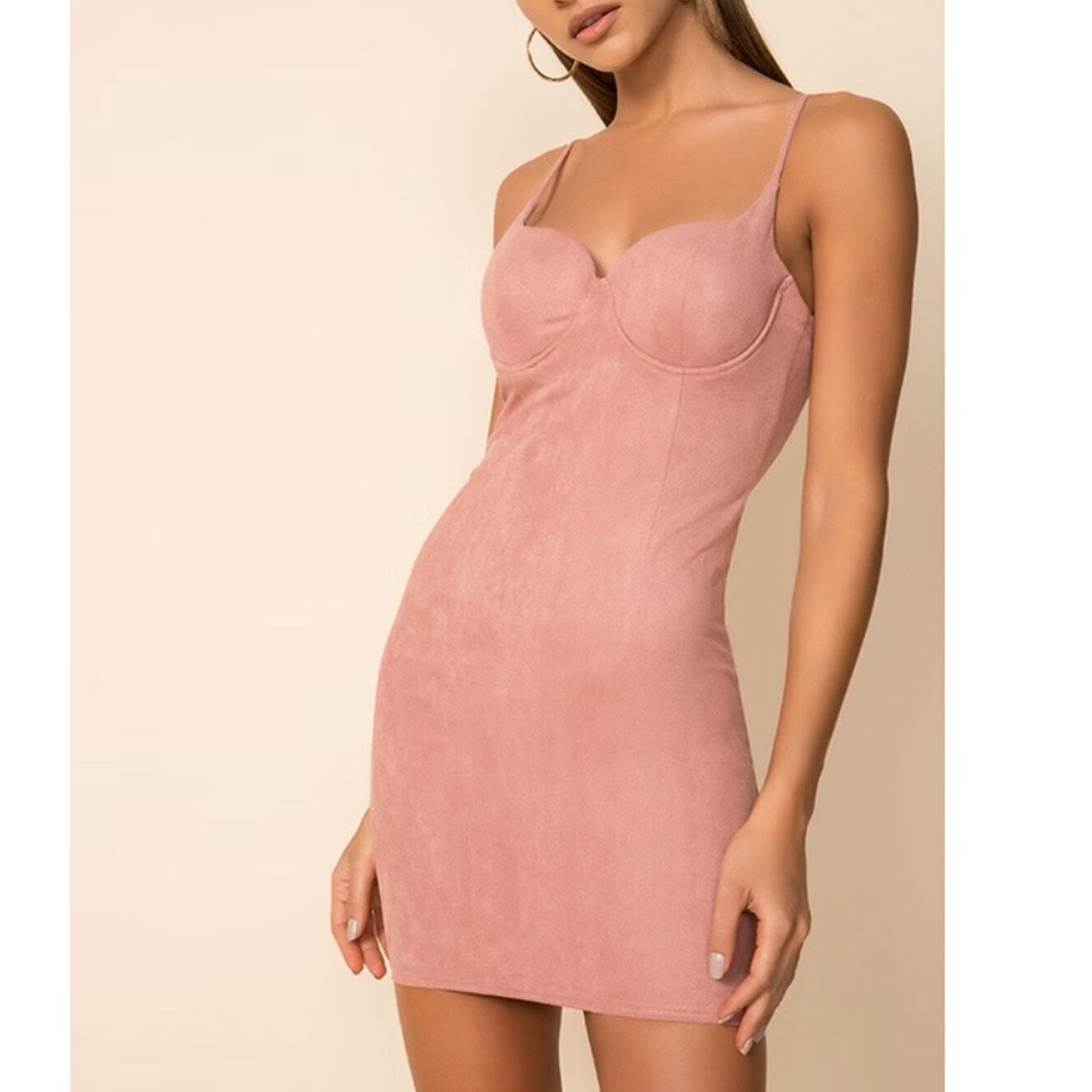 Superdown Agatha Mini Dress Pink Faux Suede Bodycon Spaghetti Strap Sz M