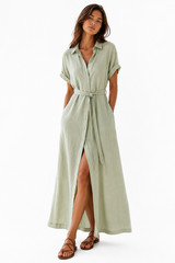 Aritzia Wilfred Eleta Linen Shirt Dress Women&rsquo;s M Sage Green Belted Maxi