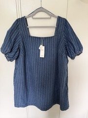 M&S Pure Cotton Denim Striped Mini Shift Dress Square Neck Puff Sleeve New Sz 20