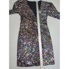 Crystal Doll Womens Sequin Mini Dress Size M Multi Color Long Sleeve V-Neck
