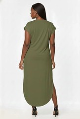 Women’s Green Solid V-Neck Short Sleeve Maxi Dress w/ Pockets Side Slit S