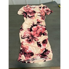 Hailey & Co Floral Ruched Bodycon Dress Pink Cream Short Sleeve Small SD3337