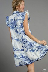 Blue Umgee Two Tone Landscape Print Mini Dress w/Ruffle Sleeves Contrast Piping