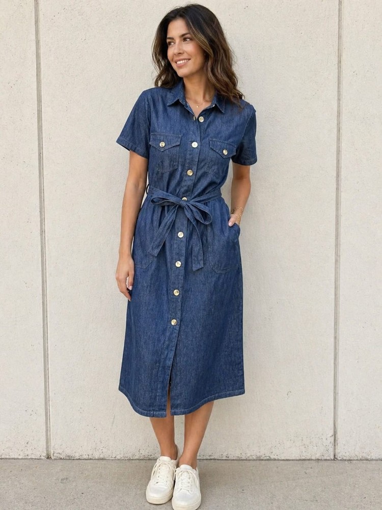 Millenium Womens short sleeve collared 4 pockets belted button down midi Dress