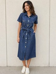 Millenium Womens short sleeve collared 4 pockets belted button down midi Dress