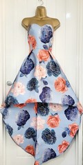Chi Chi London size UK 10 dipped hem strapless blue floral occasion dress VGC