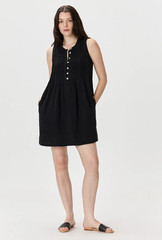 Quince 100% Organic Cotton Gauze Sleeveless Swing Button Dress Pockets Black S