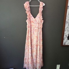 Arula Floral Gold Maxi Dress Pink Orange Ruffle Tiered Pockets Size X 10/12