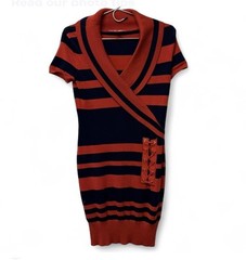ORANGE BLACK STRIPED MINI SWEATER DRESS, SIZE S, CHEST 32 IN, LENGTH 33 IN
