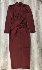 Womens Self-Portrait Stand Collar Long Sleeve A-line Midi Dress Red