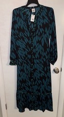 CAbi Women&rsquo;s XS Teal Green & Black Autumn Leaf Long Sleeve Shirt Maxi Dress NWT