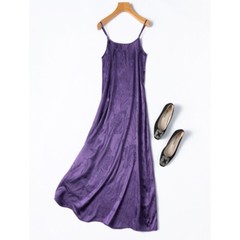 100% Mulberry Silk Women Chemise Purple Floral Long Type Midi Slip Dress M1391