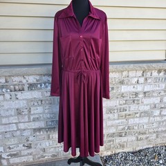 Women’s Burgundy Long Sleeve Shirt Dress M/L Elastic Waist Tie Belt Midi Flowy
