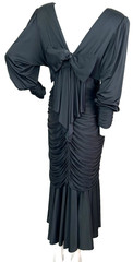 80s Claralura Original Formal Dress Size Medium Black Rhinestone Ruched LS VNeck