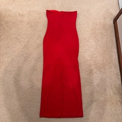 Romantic Red Strapless Twist Front Midi Dress Ribbed Day to Night Date Sz M