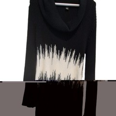 Women’s Black White Gray Abstract Ribbed Knit Cowl Neck Sweater Dress L