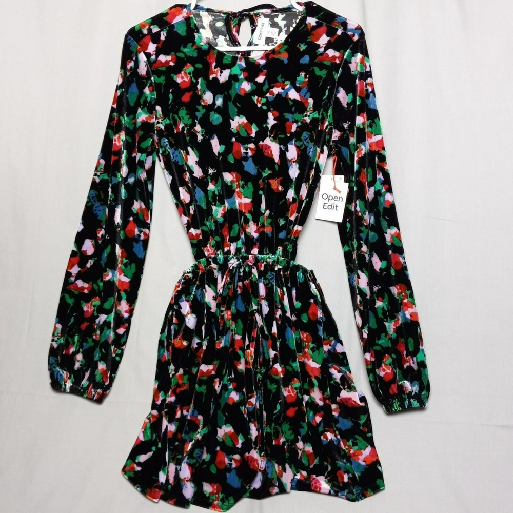 NWT Open Edit Open Cut Out Back Velour Long Sleeve Skater Minidress Sz XS