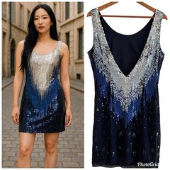 CACHE Silk All over Sequin Dress M Glam Cocktail Party Wedding Statement Y2K