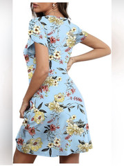 HOTGIFT Women’s L Blue Floral Round Neck Shift Dress w/ Pockets