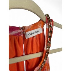 NEW Calvin Klein Halter Mini Dress in Coral-Pink Orange Print gold chain size 4