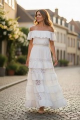Boston Proper Medium Lace Inset Off The Shoulder Blouson White Maxi Dress