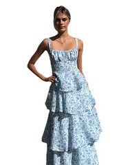 Billy J Page Maxi Dress Blue Floral Tiered Ruffle Sleeveless Cottagecore Boho