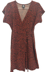Bobeau Women&rsquo;s Sz XS Red Black Animal Print Faux Wrap Dress V-Neck Short Sleeve