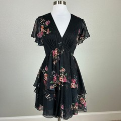 Mac Duggal 55673 Black Cocktail Dress Floral V-Neck Fit and Flare Mini Size 2