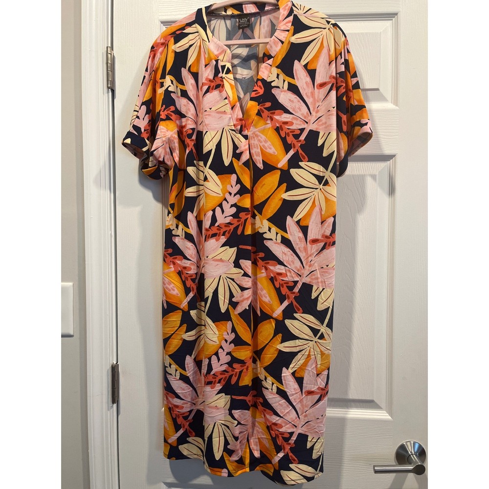 Lildy Split V-Neck Pleated Dress Tropical Floral Navy Orange Pink L-XL Pocketed