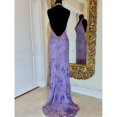 Lavender hand beaded Halter-Sequin Evening Gown on stretch. Attitudes by.Debra