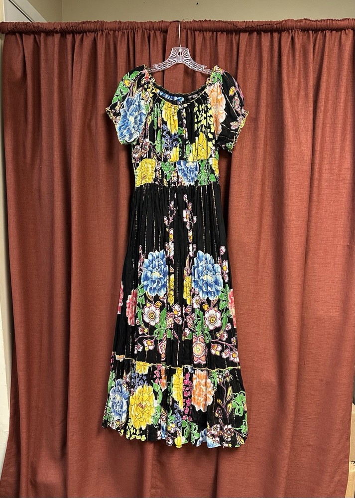 Me2Magic Anthropologie Sequin Smocked Gold Lurex Tiered Maxi Dress Large
