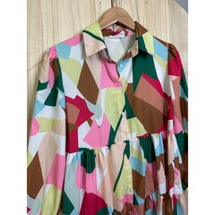 SundayUp Geometric Print Babydoll Tiered Mini Dress Multi Color Button Down S