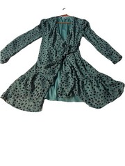 FAVLUX Ruffle Wrap Dress Large M Green/Blk V-Neck Short Sleeve Lined Midi Fit