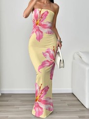NEW Small Elegant Sleveless Ruched Soft YELLOW Maxi Dress w Pink & White Flowers