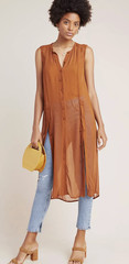 Maeve Meriwether Anthro Sheer Button Front Overlay Tunic Midi Dress Brown 2