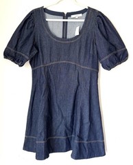 LOFT Denim Swing Mini Dress Sz 14 Puff Short Sleeves Dark Wash Fit N Flare NWT