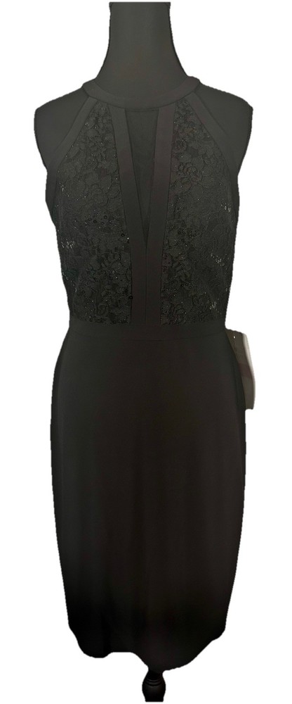Nightway Black Lace Sequin Halter Mini Cocktail Classic Sexy Dress Sz 8