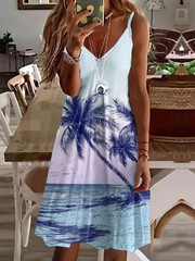 2025 Women&rsquo;S V-Neck Sleeveless Midi Dress – Tropical Palm Tree & Ocean Print Lig