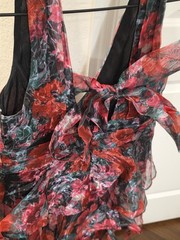 Red Black Floral Chiffon Mini Dress V-Neck Sleeveless Tie Bow Ruffle Size S