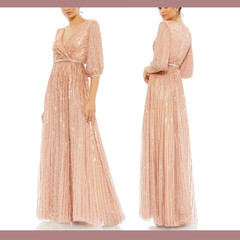 NWT Mac Duggal [sz 26 ] 5509 Sequin Wrap Over 3/4 Sleeve Gown in Apricot #S751