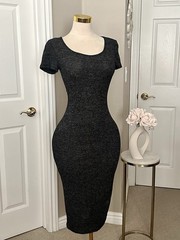 Popular 21 Charcoal Grey Bodycon Knit Midi Dress w/ Short Sleeves Sz S